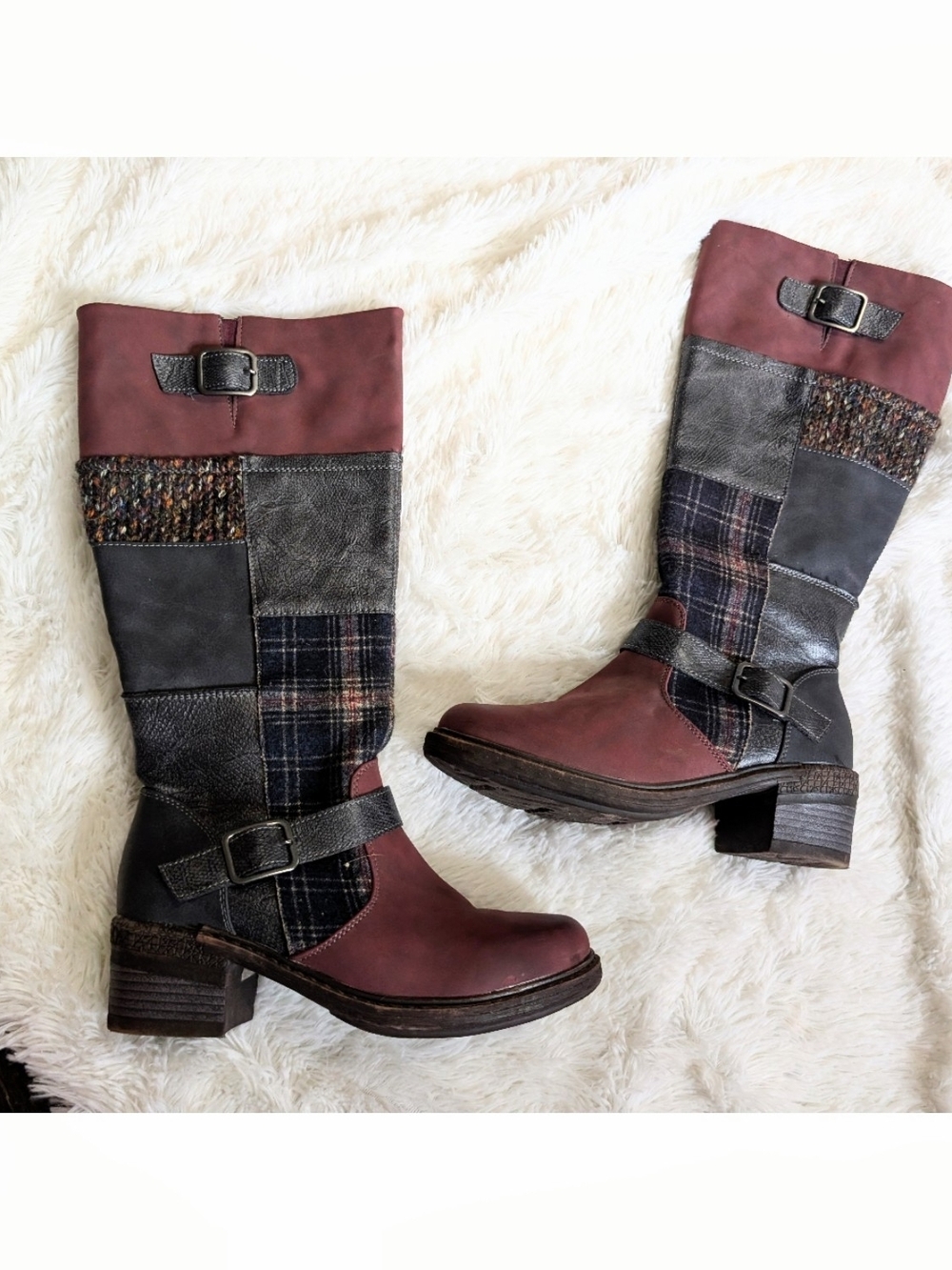 Muk Luks Arya Patchwork Burgundy and Gray Heeled Boots Size 7